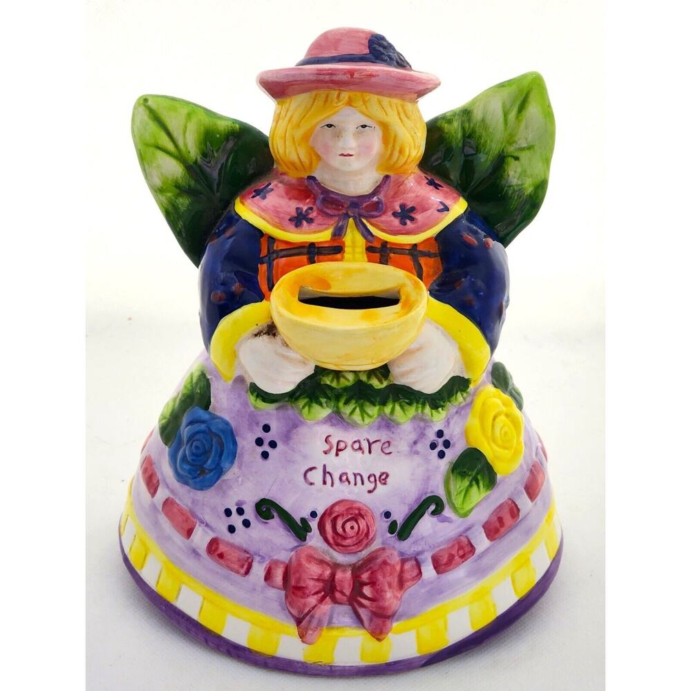 BANK-GARDEN ANGEL-"SPARE CHANGE"-Floral/Leaves-Bottom Stopper-Unique-Shelf Decor